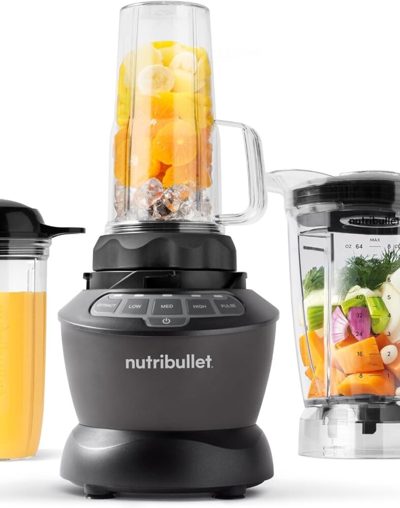 Nutribullet Full-Size Blender Combo, Single-Serve & Large Capacity, 1200W, 64oz Pitcher, 32oz Cup, Extractor Blade, 3-Speed, Pulse, Smoothies, Soups, Sauces, Easy Cleaning, Dark Gray, NBF50500