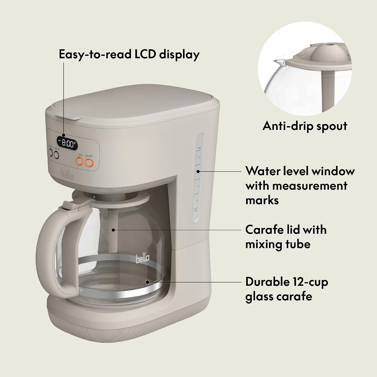 bella 12-Cup Programmable Coffee Maker with No-Drip Glass Carafe, Oatmilk - Image 2