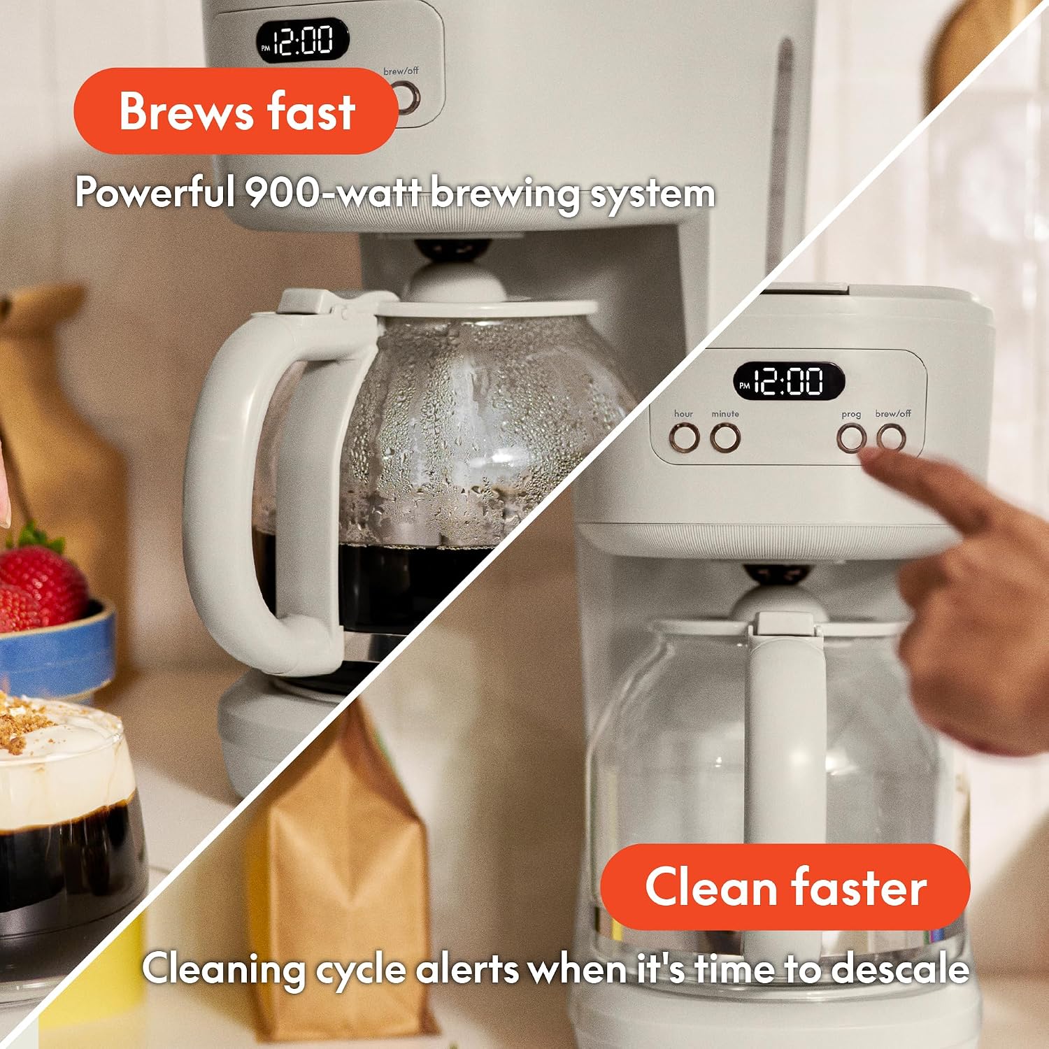 bella 12-Cup Programmable Coffee Maker with No-Drip Glass Carafe, Oatmilk - Image 4