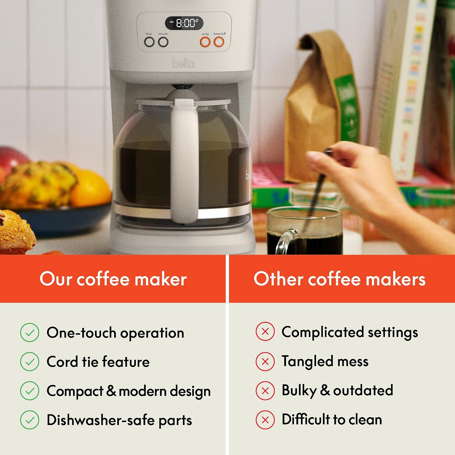 bella 12-Cup Programmable Coffee Maker with No-Drip Glass Carafe, Oatmilk - Image 7