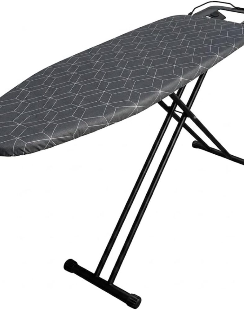 Ironing Board with Iron Rest – Full Size Foldable Board – Adjustable Height Steel Mesh Surface – Gray Padded Cotton Cover