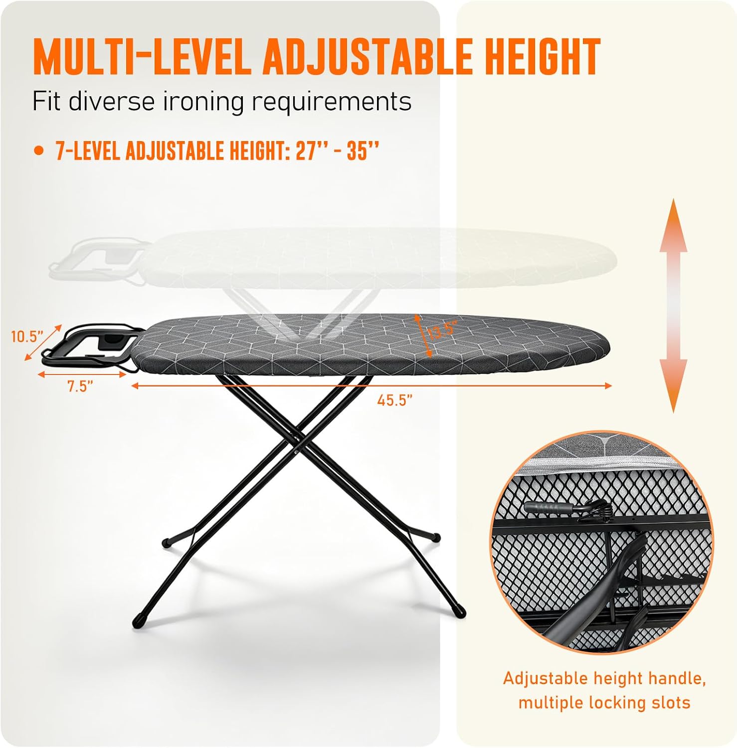 Ironing Board with Iron Rest – Full Size Foldable Board – Adjustable Height Steel Mesh Surface – Gray Padded Cotton Cover - Image 3