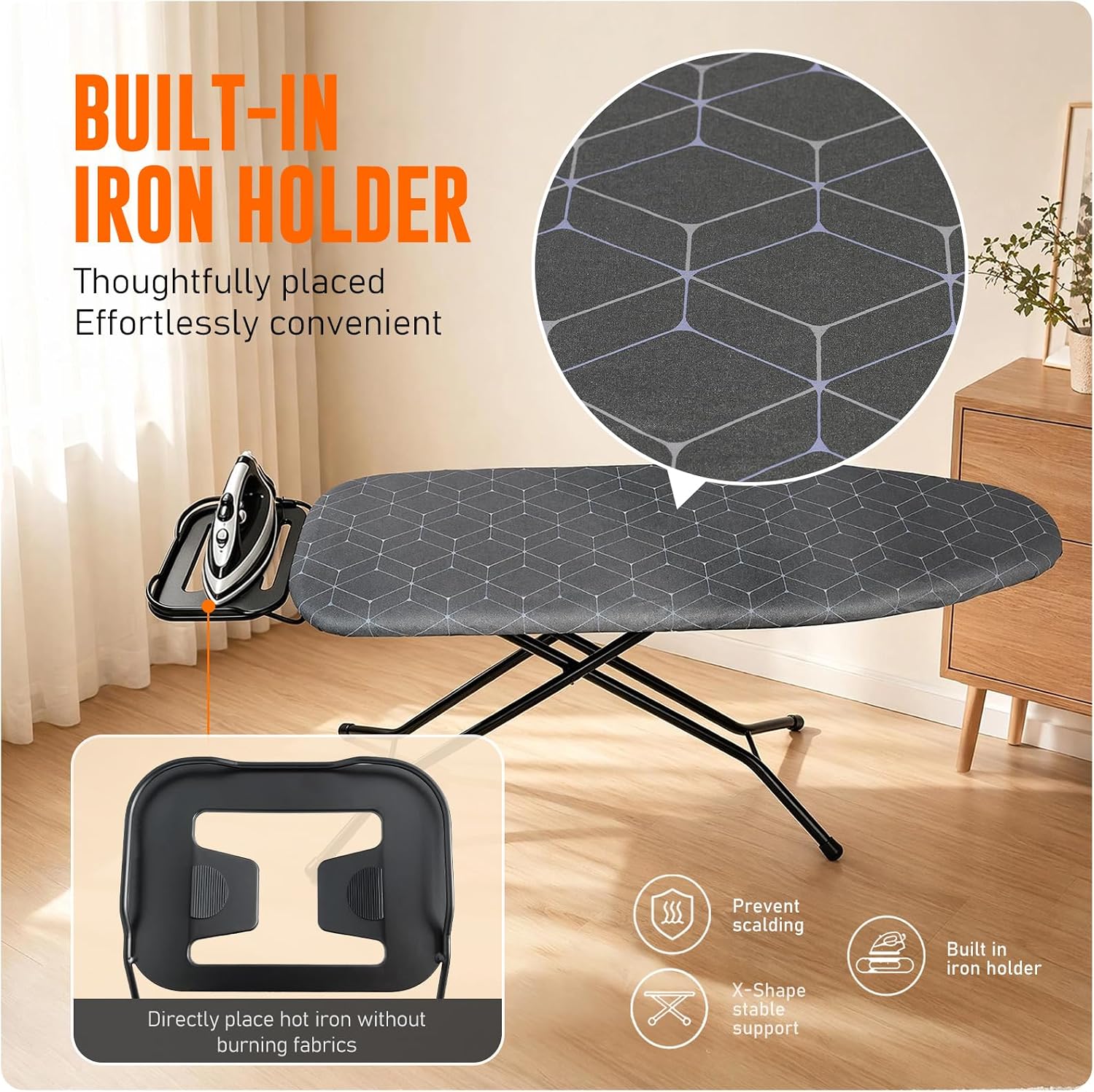 Ironing Board with Iron Rest – Full Size Foldable Board – Adjustable Height Steel Mesh Surface – Gray Padded Cotton Cover - Image 4