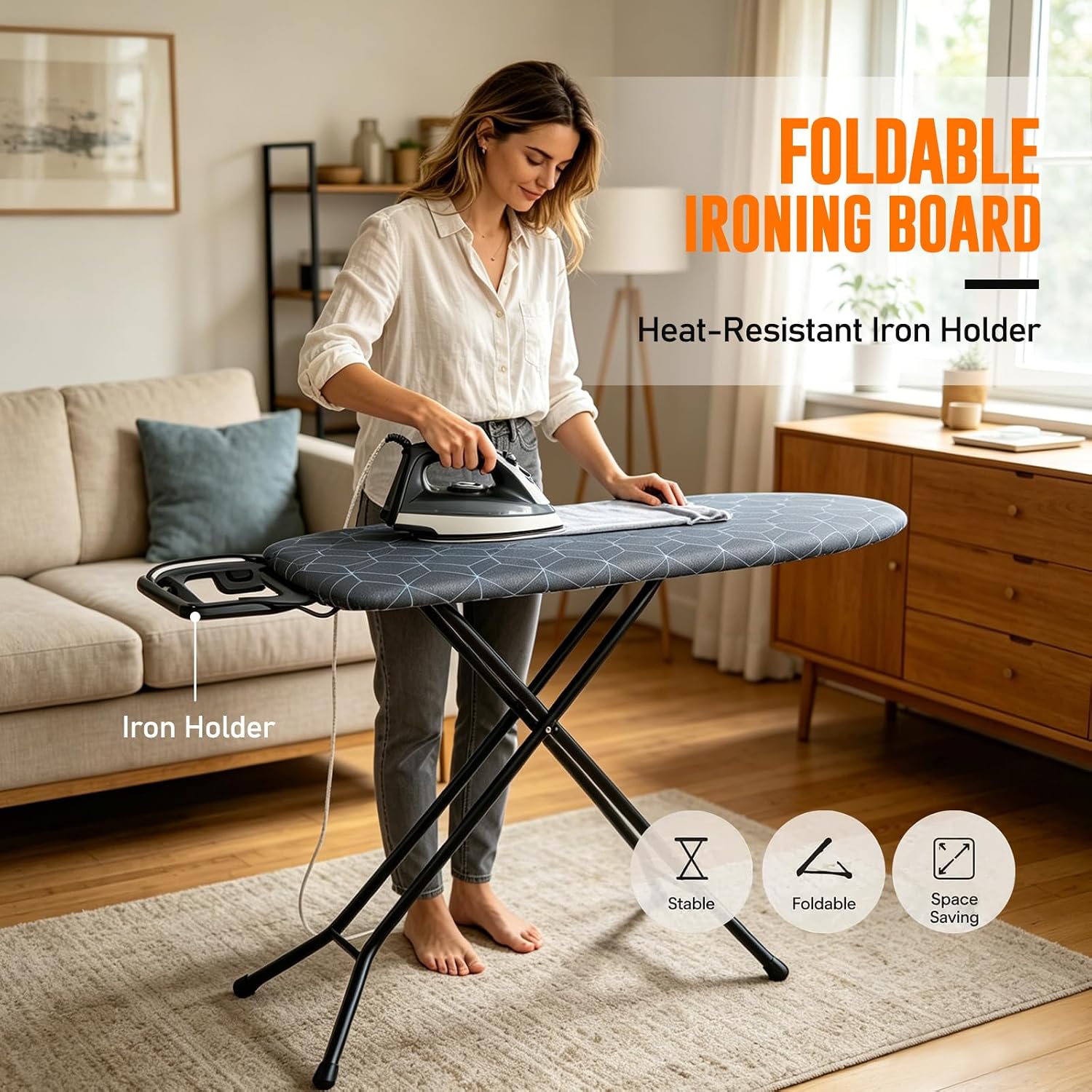 Ironing Board with Iron Rest – Full Size Foldable Board – Adjustable Height Steel Mesh Surface – Gray Padded Cotton Cover - Image 5