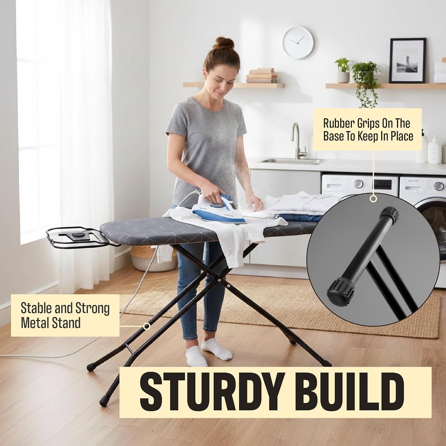 Ironing Board with Iron Rest – Full Size Foldable Board – Adjustable Height Steel Mesh Surface – Gray Padded Cotton Cover - Image 6