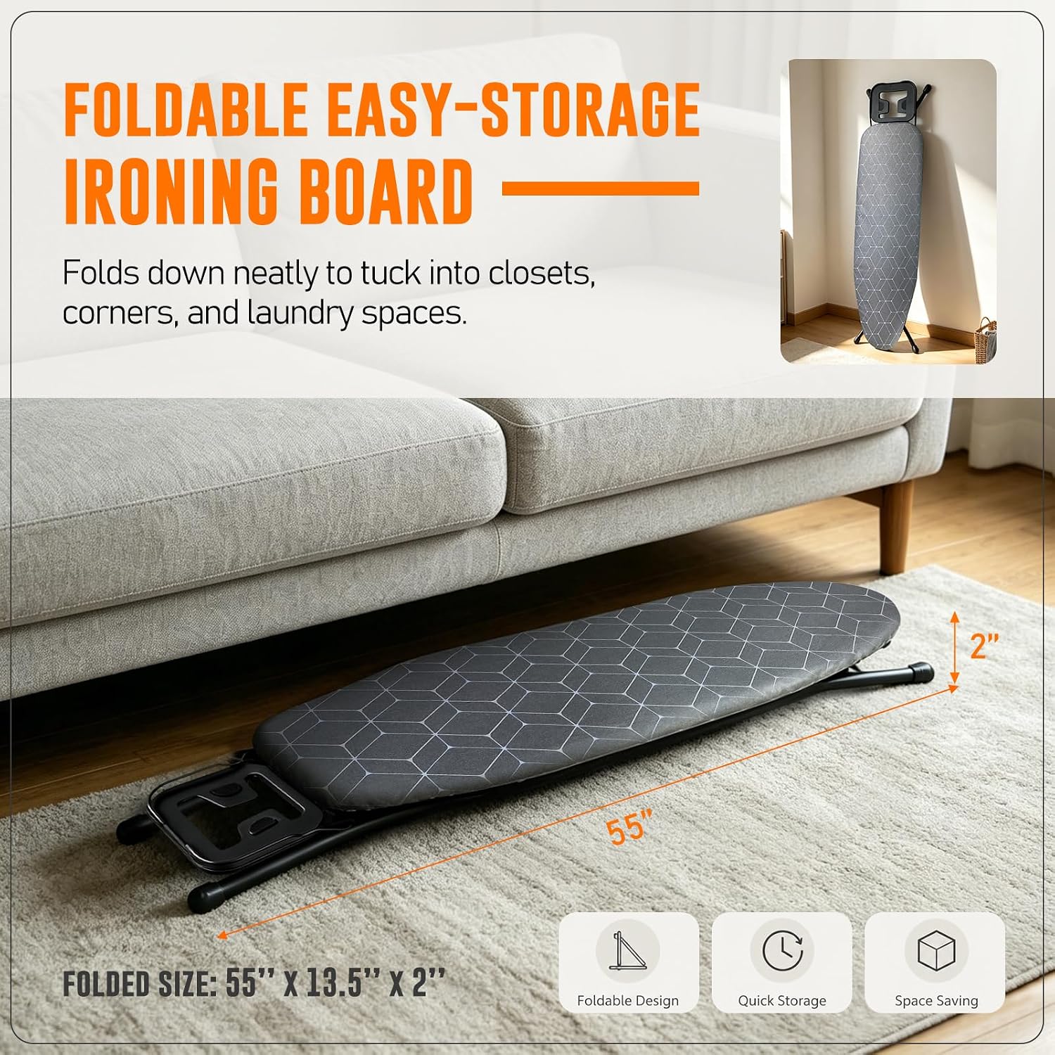 Ironing Board with Iron Rest – Full Size Foldable Board – Adjustable Height Steel Mesh Surface – Gray Padded Cotton Cover - Image 7