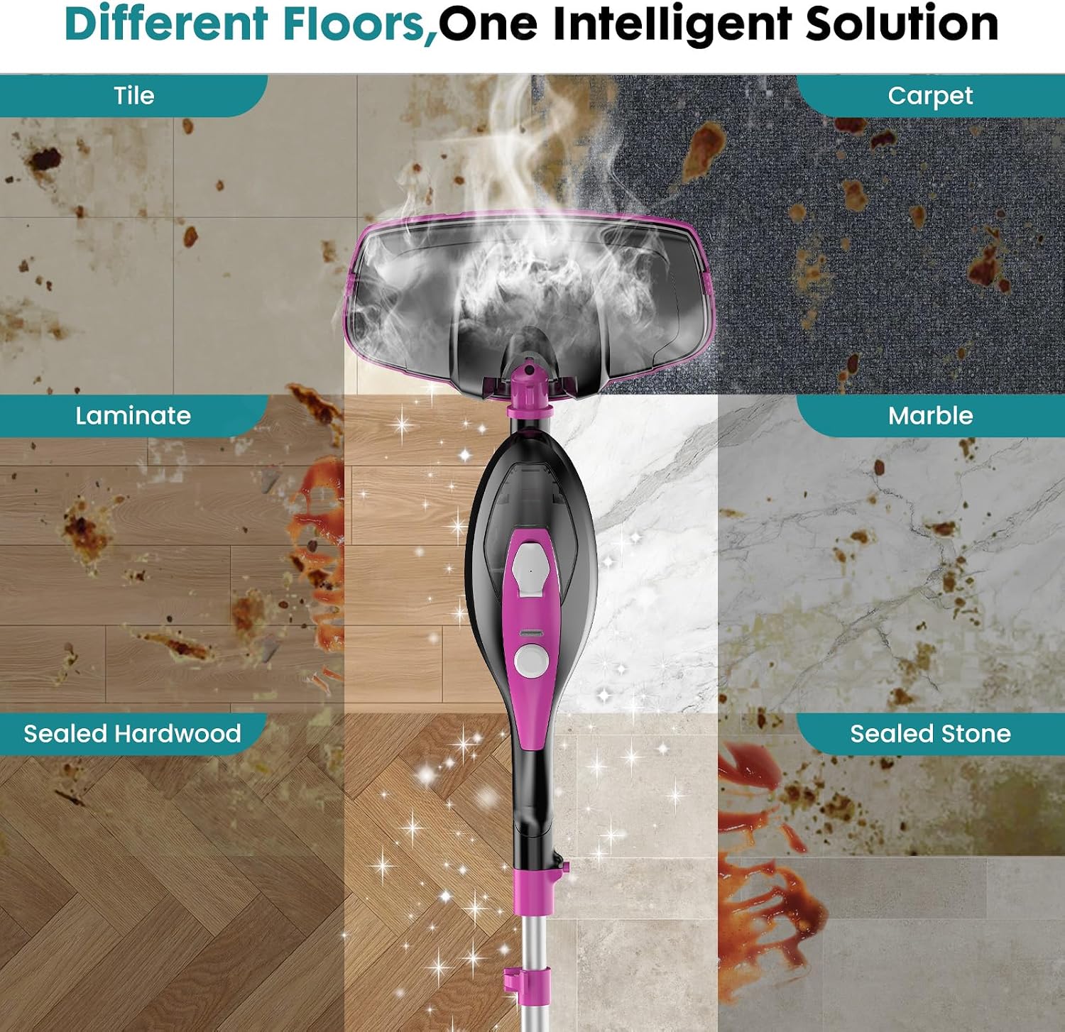 DUMOS 10-in-1 Multifunctional Steam Mop, 1550W Detachable Handheld Steam Cleaner, 16FT Power Cord with 2 Reusable Pads, Floor Steamer for Hardwood, Tile, Carpet, Grout, Windows - Image 3