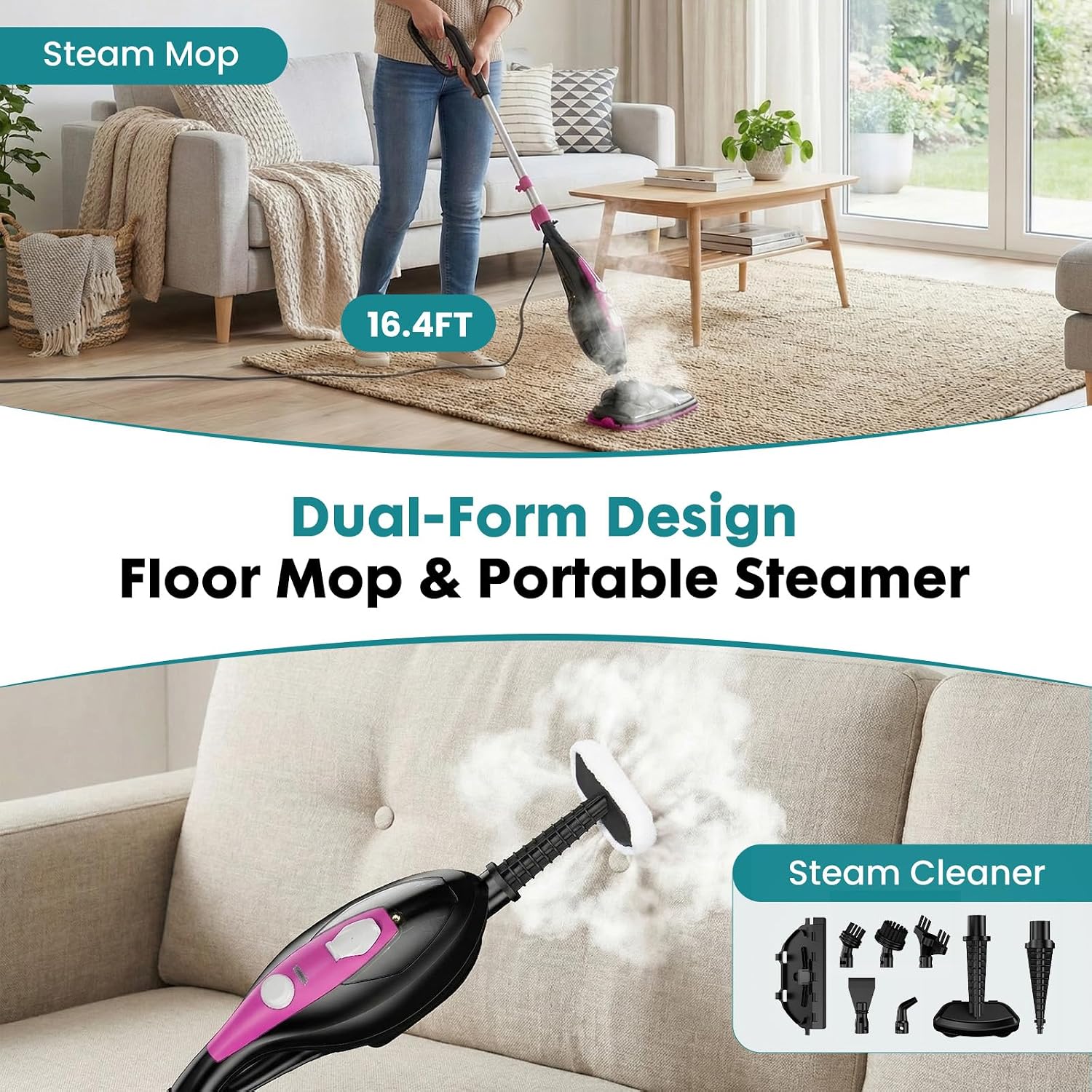 DUMOS 10-in-1 Multifunctional Steam Mop, 1550W Detachable Handheld Steam Cleaner, 16FT Power Cord with 2 Reusable Pads, Floor Steamer for Hardwood, Tile, Carpet, Grout, Windows - Image 4