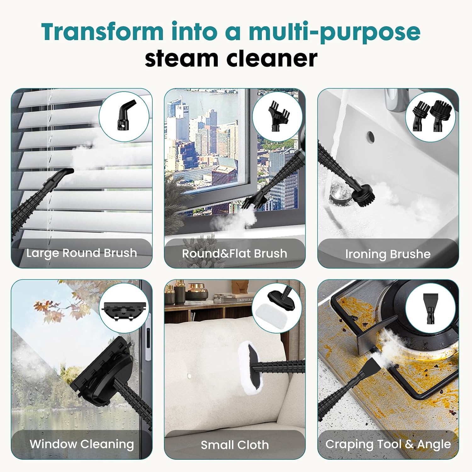 DUMOS 10-in-1 Multifunctional Steam Mop, 1550W Detachable Handheld Steam Cleaner, 16FT Power Cord with 2 Reusable Pads, Floor Steamer for Hardwood, Tile, Carpet, Grout, Windows - Image 5