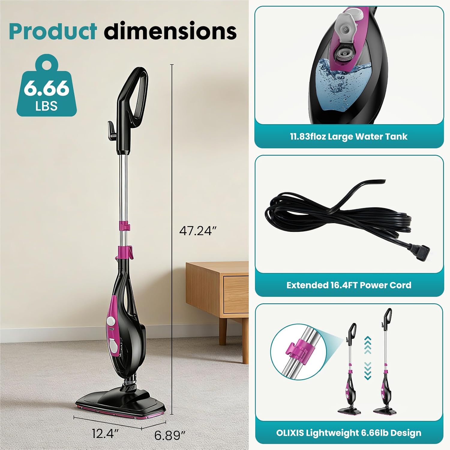 DUMOS 10-in-1 Multifunctional Steam Mop, 1550W Detachable Handheld Steam Cleaner, 16FT Power Cord with 2 Reusable Pads, Floor Steamer for Hardwood, Tile, Carpet, Grout, Windows - Image 6